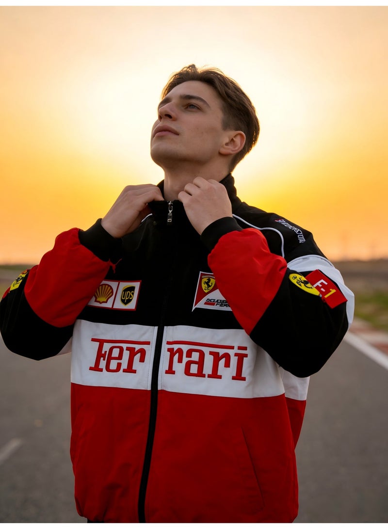 اف 1 جاكيت سباق فيراري × بوما للفورمولا 1 - شعارات الرعاة (شيل/يو بي إس)، تصميم بلونين أسود وأحمر، شعار مطرز، تصميم بسحاب كامل، معطف رياضي للجنسين - Image 3